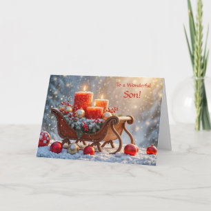 Kerstvakantiedecoraties van zoon in de sneeuw verl kaart