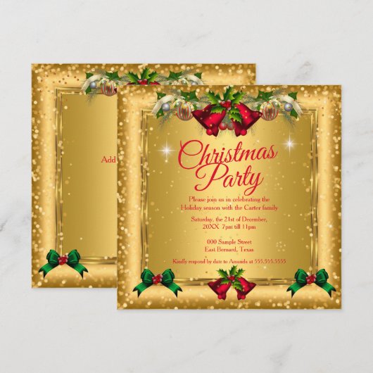 Kerstvakantiefeest Goud Rood Glitter 2 Kaart (Voorkant / Achterkant)