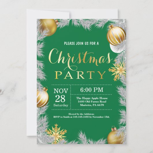 Kerstvakantiefeest Uitnodiging Groen en Goud (Voorkant)