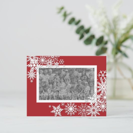 Kerstvakantiefotokaart met sneeuwvlokken feestdagenkaart (Staand voorkant)