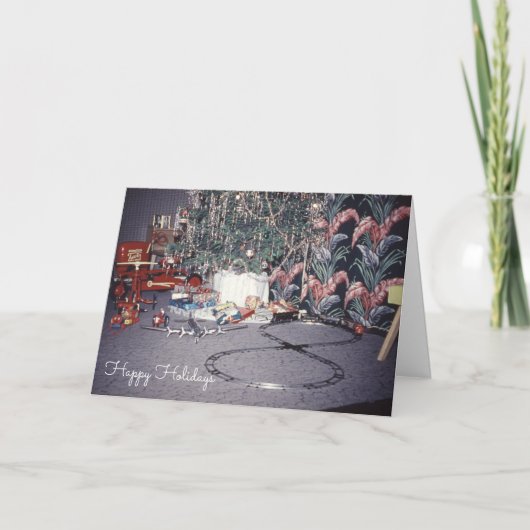 kerstvakantiespeelgoedtrein uit de midden eeuw feestdagen kaart (Voorkant)