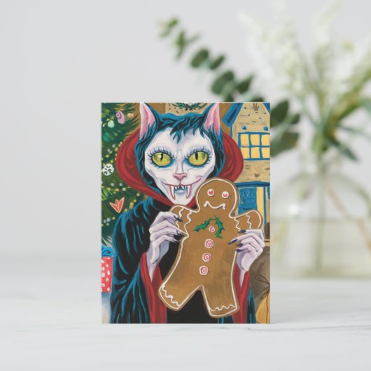 Kerstvampier Kat met peperkoek man Briefkaart (Staand voorkant)