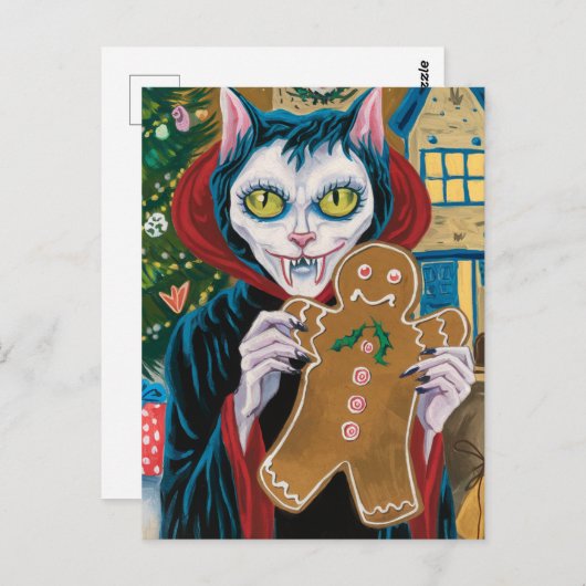 Kerstvampier Kat met peperkoek man Briefkaart (Voorkant / Achterkant)
