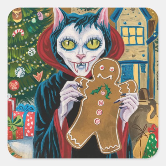 Kerstvampier Kat met peperkoek man Vierkante Sticker (Voorkant)