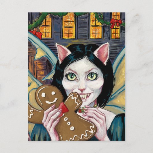 Kerstvampier Kat met peperkoekkoekje Briefkaart (Voorkant)
