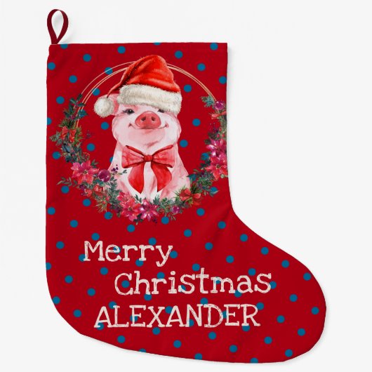 Kerstvarken Cute Biggetje Boog Krans Stippen Grote Kerstsok (Voorkant)