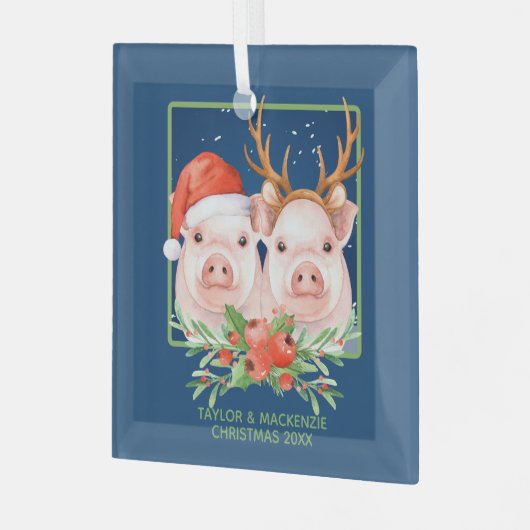 Kerstvarken Schattige kerstman en rendier paar Glas Ornament (Voorkant links)