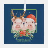 Kerstvarken Schattige kerstman en rendier paar Glas Ornament (Achterkant)