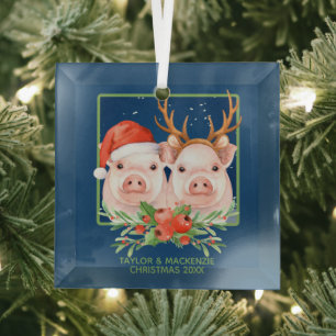 Kerstvarken Schattige kerstman en rendier paar Glas Ornament