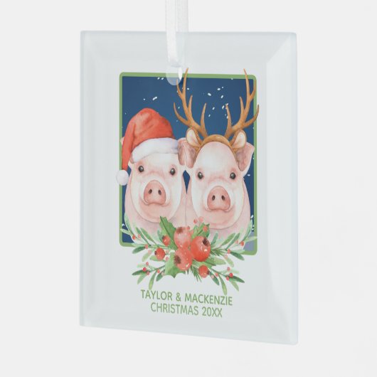 Kerstvarken Schattige kerstman en rendier paar Glas Ornament (Voorkant links)