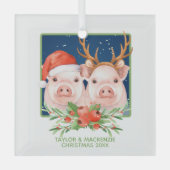 Kerstvarken Schattige kerstman en rendier paar Glas Ornament (Voorkant)