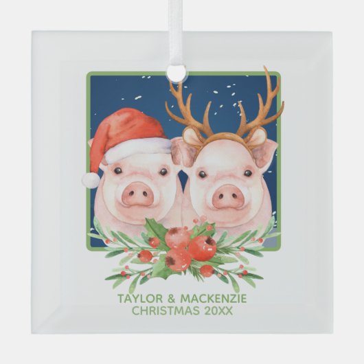 Kerstvarken Schattige kerstman en rendier paar Glas Ornament (Voorkant)