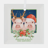 Kerstvarken Schattige kerstman en rendier paar Glas Ornament (Achterkant)