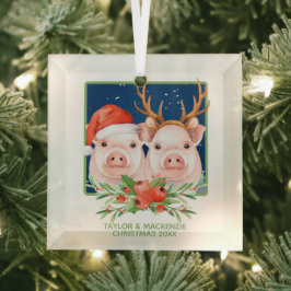 Kerstvarken Schattige kerstman en rendier paar Glas Ornament