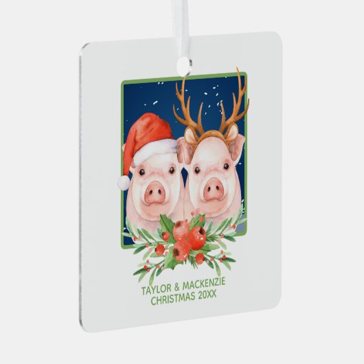 Kerstvarken Schattige kerstman en rendier paar Metalen Ornament (Voorkant Rechts)