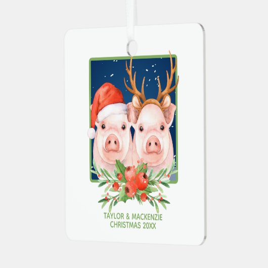 Kerstvarken Schattige kerstman en rendier paar Metalen Ornament (Voorkant links)