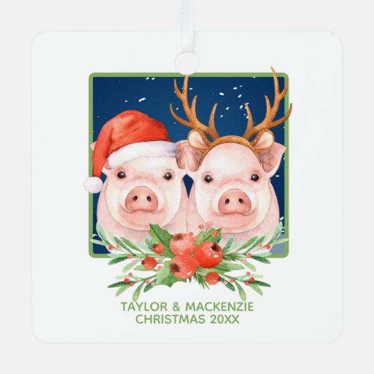 Kerstvarken Schattige kerstman en rendier paar Metalen Ornament (Voorkant)