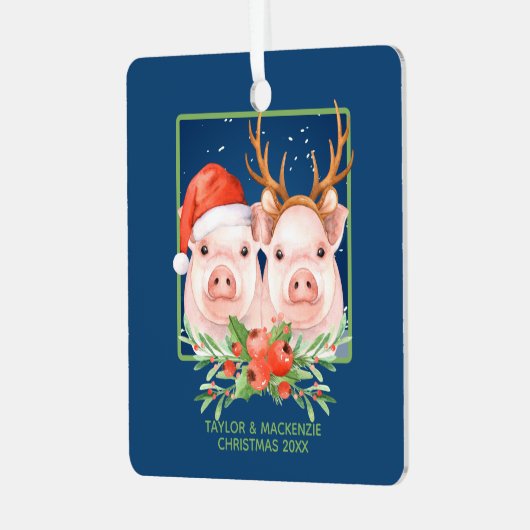 Kerstvarken Schattige kerstman en rendier paar Metalen Ornament (Voorkant links)