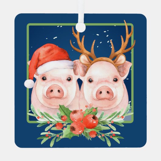 Kerstvarken Schattige kerstman en rendier paar Metalen Ornament (Achterkant)