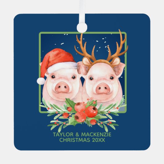 Kerstvarken Schattige kerstman en rendier paar Metalen Ornament (Voorkant)