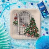 Kerstvenster licht vierkant papieren bordje (Feest)