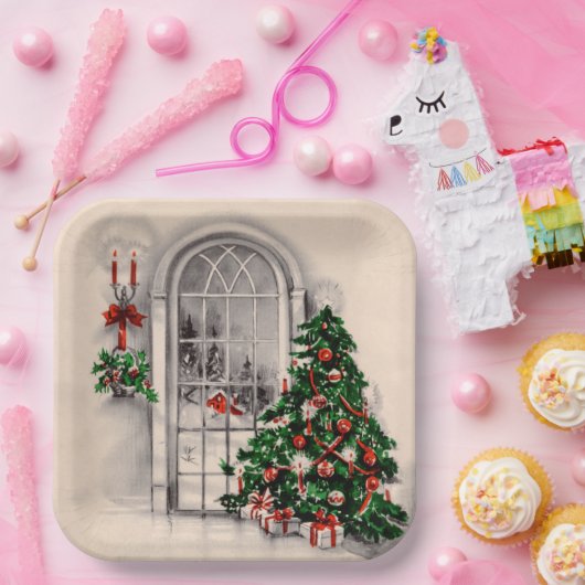 Kerstvenster licht vierkant papieren bordje (Feest)
