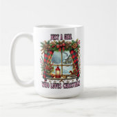 Kerstvenster met feestelijke decoraties en sneeuw koffiemok (Links)