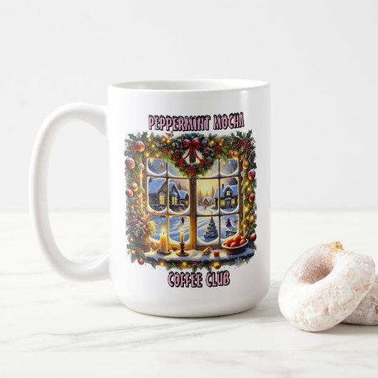 Kerstvenster met vakantie decor koffiemok (Met donut)