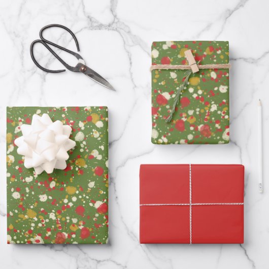 Kerstverf spatter in Retro Red en Olive Green Inpakpapier Vel (Voorkant)