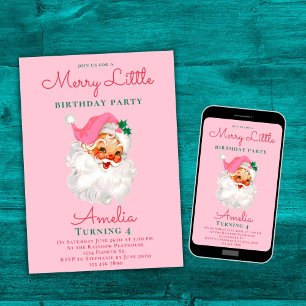 Kerstverjaardagsuitnodiging Roze  Kerstman Kaart