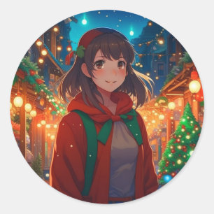 Kerstverlichting Anime Meisje Ronde Sticker