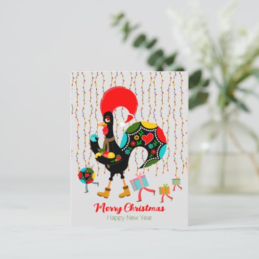 Kerstverlichting, ballen, cadeaus en Kerstman Feestdagenkaart (Staand voorkant)