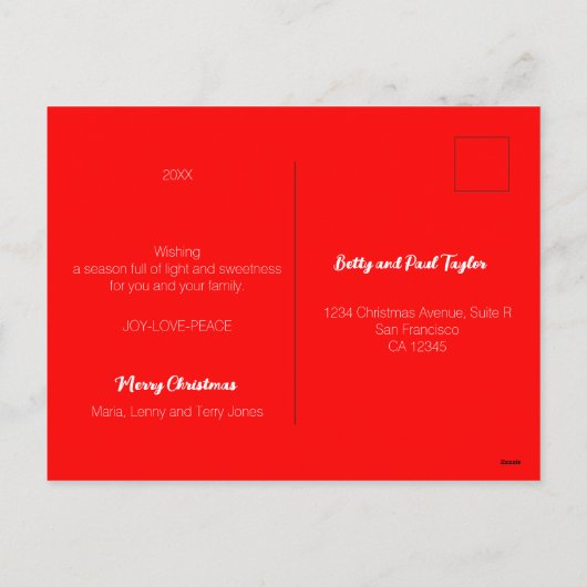 Kerstverlichting, ballen, cadeaus en Kerstman Feestdagenkaart (Achterkant)