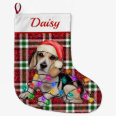 Kerstverlichting Beagle Sparkly Plaid Tartan Grote Kerstsok (Voorkant)
