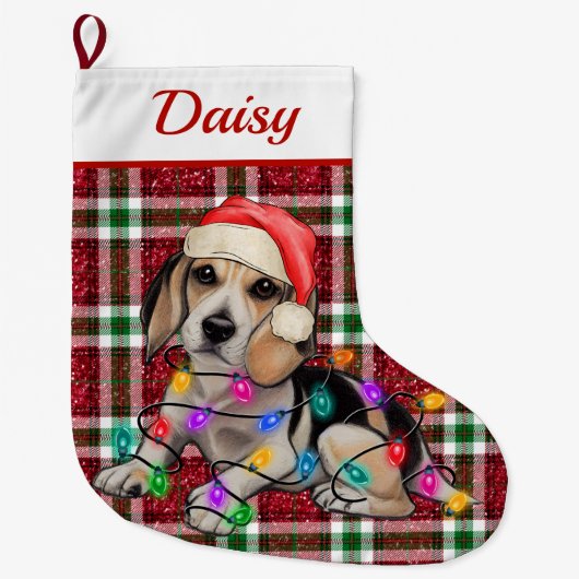 Kerstverlichting Beagle Sparkly Plaid Tartan Grote Kerstsok (Voorkant)
