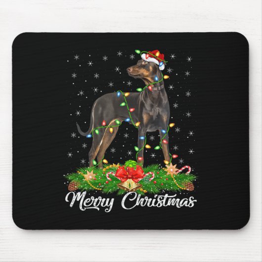 Kerstverlichting bijpassende kerstman hoed Doberma Muismat (Voorkant)