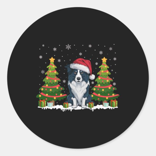 Kerstverlichting Border Collie Dog Santa Hat Kerst Ronde Sticker (Voorkant)