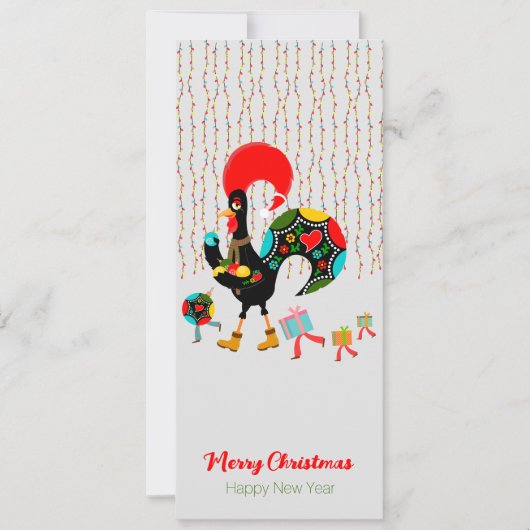 Kerstverlichting, bubbels, cadeaus en Rooster (Voorkant)