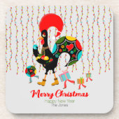 Kerstverlichting, bubbels, cadeaus en Rooster Bier Onderzetter (Voorkant)