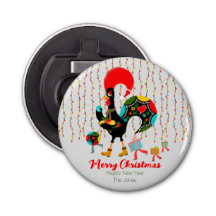 Kerstverlichting, bubbels, cadeaus en Rooster Button Flesopener