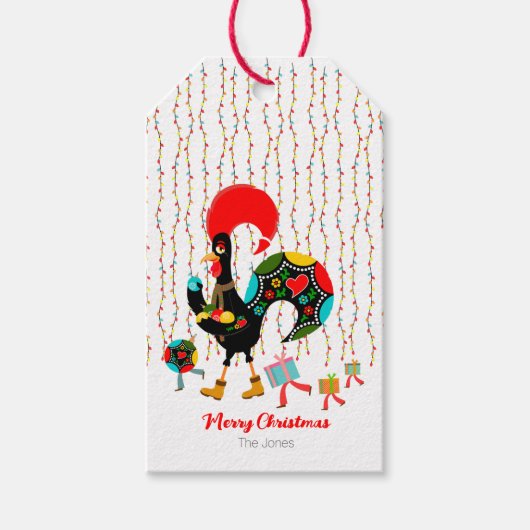 Kerstverlichting, bubbels, cadeaus en Rooster Cadeaulabel (Voorkant)