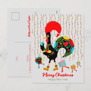 Kerstverlichting, bubbels, cadeaus en Rooster Feestdagenkaart