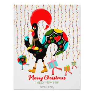 Kerstverlichting, bubbels, cadeaus en Rooster Foto Afdruk