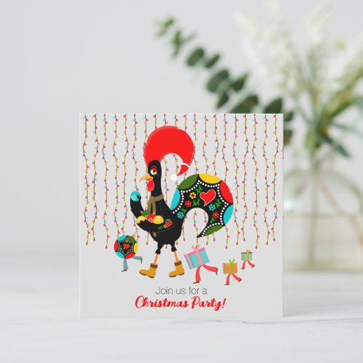 Kerstverlichting, bubbels, cadeaus en Rooster Kaart (Staand voorkant)