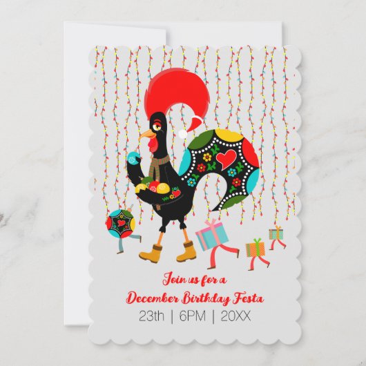 Kerstverlichting, bubbels, cadeaus en Rooster Kaart (Voorkant)