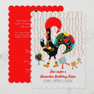 Kerstverlichting, bubbels, cadeaus en Rooster Kaart