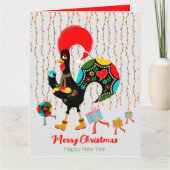 Kerstverlichting, bubbels, cadeaus en Rooster Kaart (Voorkant)