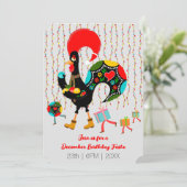 Kerstverlichting, bubbels, cadeaus en Rooster Kaart (Staand voorkant)