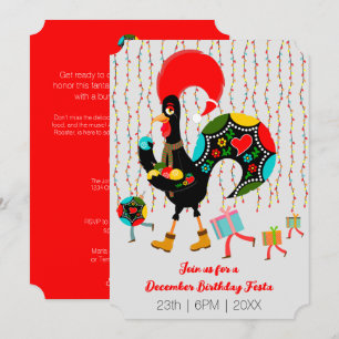 Kerstverlichting, bubbels, cadeaus en Rooster Kaart