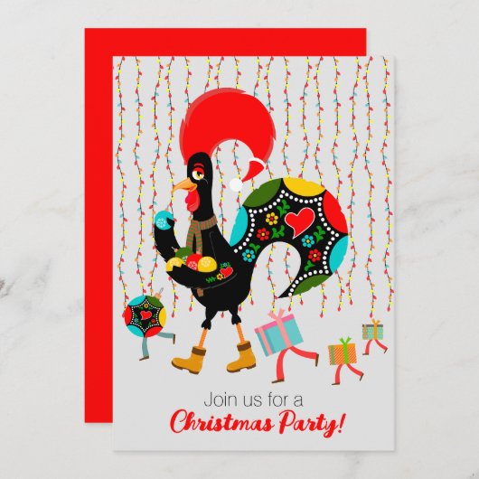 Kerstverlichting, bubbels, cadeaus en Rooster Kaart (Voorkant / Achterkant)